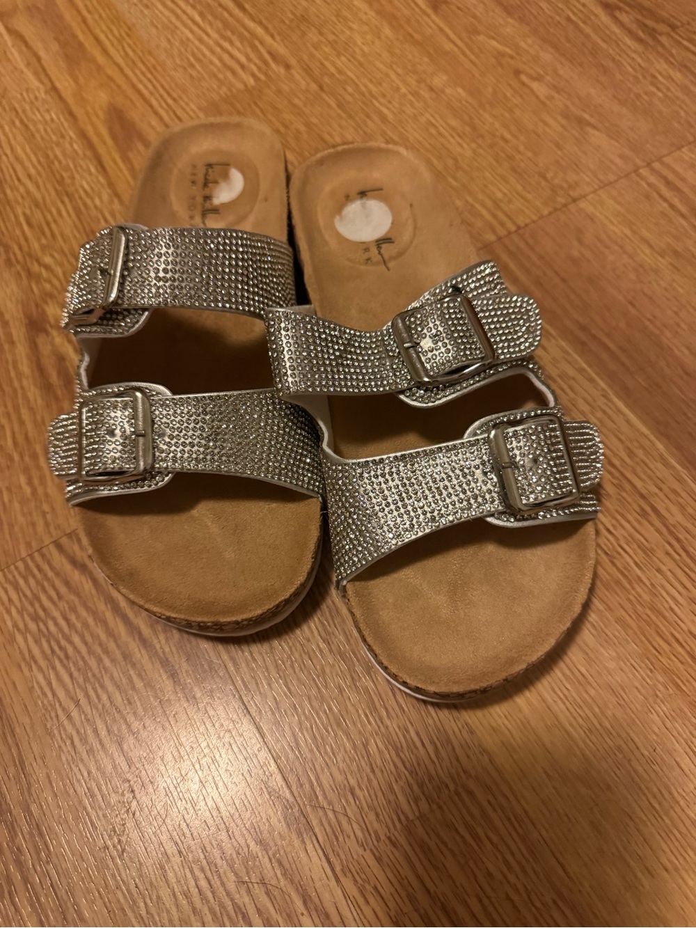 Nicole Miller Women’s Silver Double-Buckle Rhinestone Slide Sandals - size 6.5